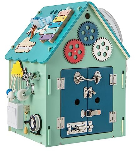 COSTWAY Kinder Spielhaus aus Holz, pädagogisches Spielzeughaus mit Sinnesspielen und Stauraum, sensorisches Lernspielzeug Montessori für die Feinmotorik, Aktivitätswürfel für Kinder ab 3 Jahren (Blau)
