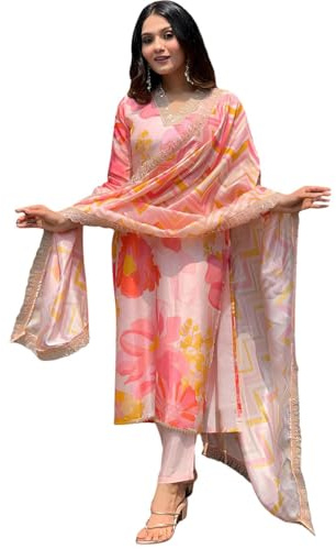 SHIENZY Womens Cotton Blend Casual Jumpsuit Floral Print V Neck Traditional Salwar Suit With Dupatta || Matching Kurta Pant Sets || Festive Ethnic Clothing