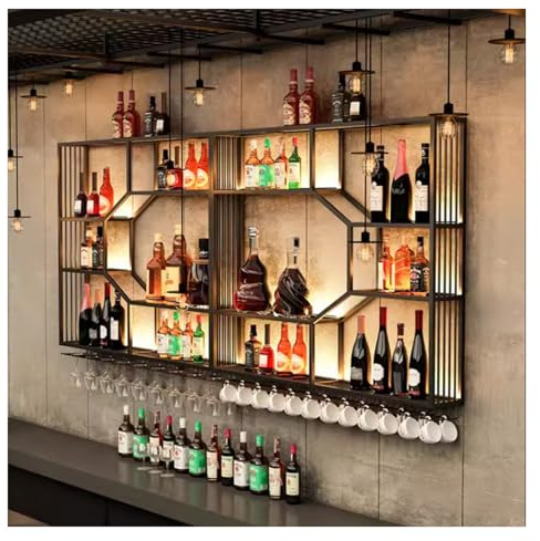 AYHARYLH Wand Holz Weinregal Glashalter,Restaurant Bar Wandmontage Flaschenregal, Wand Weinregal Holz Metall, Industriell Wandmontierte Weinregal, Für Küche, Esszimmer, Bar