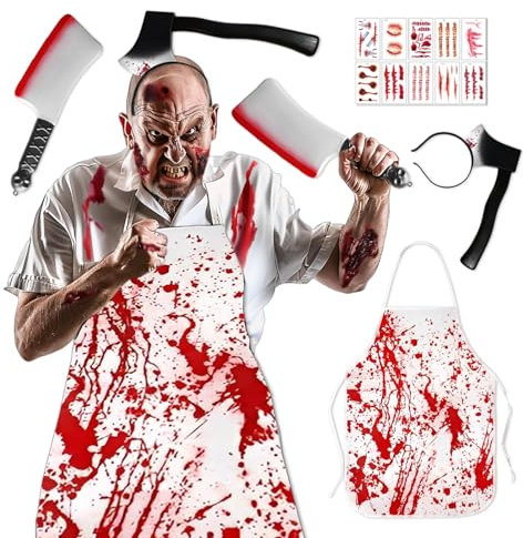 Disfraz de Carnicero Halloween, Delantal Ensangrentado, Diadema Cuchillo, Tatuajes Heridas, Disfraz Adulto Carnicero Sangriento