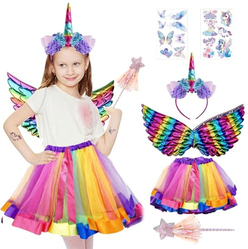 Costume de licorne 5 pièces pour fille, costume de licorne avec bandeau licorne, ailes et baguette magique, autocollants licorne pour fille, anniversaire, carnaval, cosplay, fête