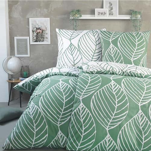 BaSaTex Bettwäsche Set Renforcé, 4-TLG., 135 x 200 cm, Blätter Grün | 100% Baumwolle, Öko_Tex Zertifiziert, Reißverschluss