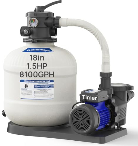 AQUASTRONG 18in Sand Filter Pump for Above Ground Pool with Timer, 1.5 HP, 8100 GPH Pool Pumps Above Ground for Pools Up to 28000 GAL, Pool Filter With 6-Way Valve, Improved Circulation and Filtration