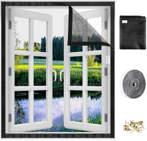SWAWIS Negro 150x180cm Mosquitera para Ventana de Fibra de Vidrio, Malla Mosquitera para Ventanas Adhesiva con Correa de Velcro para Prevenir Mosquitos Insectos Moscas | Mosquitera para ventana adhesiva con correa de velcro para la prevención de mosquitos insectos moscas