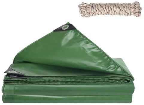 HUAESIN 3x4m Large Tarpaulin Waterproof Heavy Duty 440 GSM PVC Green Tarpaulin Thicken Outdoor Waterproof Tarps with 10M Rope & Eyelets Tarp Sheet Cover for Garden Furniture Camping Shed Cover