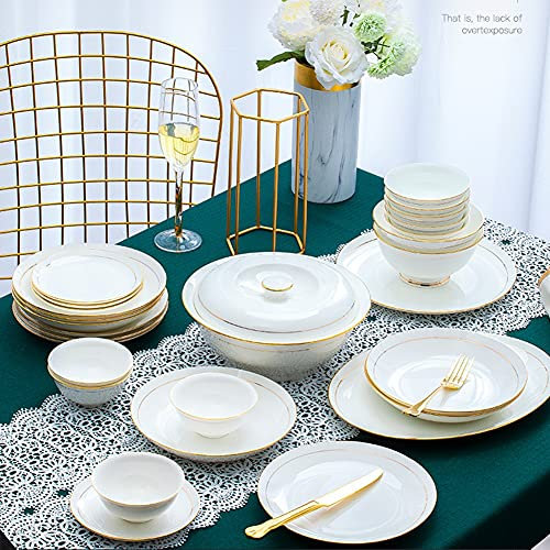 GUHPZA Service De Table en Céramique 36 Pièces Vaisselle Plats Assiettes Service De Table Combiné en Céramique Service en Porcelaine pour 6 Personnes Blanc avec Bord Doré Service De Table,Rond