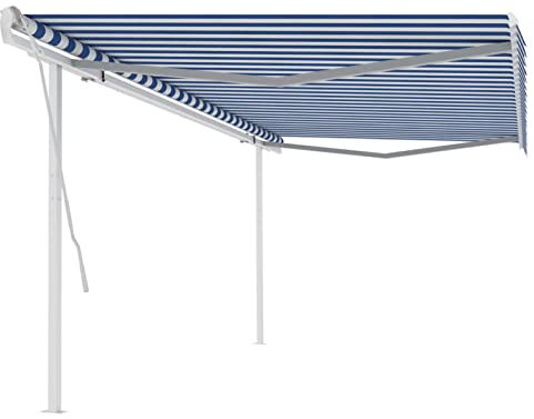 Brokky Gelenkarmmarkise Einziehbar mit Pfosten 5x3 m Blau und Weiß Balkon Markise Sonnenmarkisen Markise FüR Den AußEnbereich Garten Markisen Gelenkarmmarkise