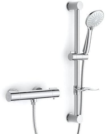 FORIOUS Thermostatic Shower Mixer Set, Cool Touch Design with 60cm Stainless Steel Riser Rail & Sliding Shower Head Holder, 3 Spray Modes, 38°C Safety Lock, Water-Saving, Chrome