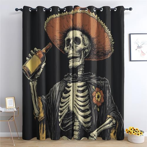 Luxfieo Skelett Vorhänge Mexikanische Totenkopf Vorhang Blickdicht Gardinen Verdunklungsvorhänge mit Ösen Thermovorhang für Wohnzimmer Schlafzimmer Kinderzimmer Fenster 2er Set H 220 x B 140 cm