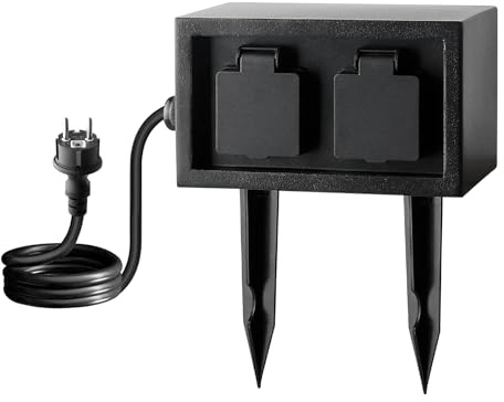 Garten Steckdosensäule mit 4-Fach Gartensteckdosen,mit 2 Erdspieß und 1m Gummikabel, max.3600 Watt, IP44, Aluminium Außensteckdose, für den Außenbereich - schwarze eckige, 1 Stück