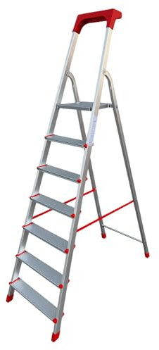 eacommerce - Scala Domestica in Alluminio | Antiscivolo con Gradini da 80mm | Portaoggetti e Chiusura a Portafoglio | Made in Italy, Alluminio (7 Gradini)