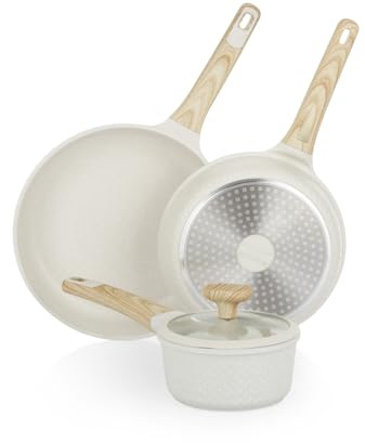 KASANOVA Batteria pentole antiaderenti 4 pezzi Bambù, Padelle e casseruola per induzione e tutti i piani cottura, Set pentole bianco con manici effetto legno