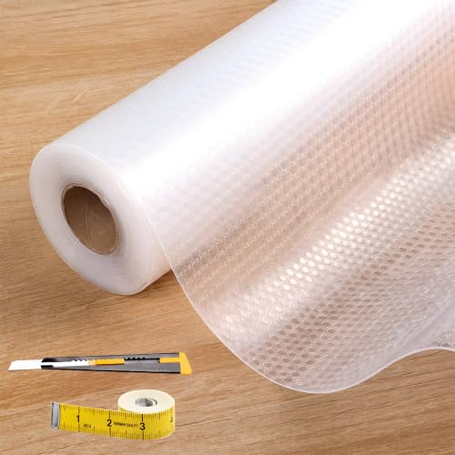Drawer liners Transparent Food Grade EVA Non-Adhesive Grip Mat 30x600cm | for Kitchen Cabinet Fridge Anti-Slip Shelf Liner, Washable & Oil-Proof, Dotted Design with Knife and Tape Measure