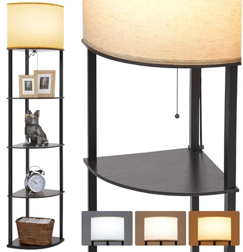 Warmiehomy Corner Shelf with lamp 4 Tier Storage Stand Unit wooden Corner Bookcase 4 Layers Dimmable Standing Floor Lamp for Living Room Bedroom