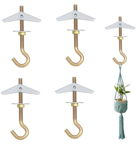 QGH M6 Ceiling Hooks for Hanging Plants - Heavy Duty Screw in Wall Mount Hooks - Carbon Steel Ceiling Hook with Spring Toggles - Ideal for Hanging Plants, Lights, Bed Canopy, and Décor (Gold)