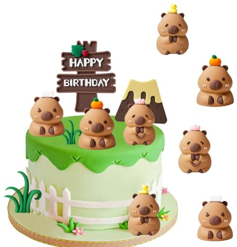 MEZHEN Tortendeko Capybara Figuren Kuchen Deko Geburtstag Cake Topper Tiere Torte Deko Kindergeburtstag Kuchendeko Happy Birthday Tortendekoration 8 Stück