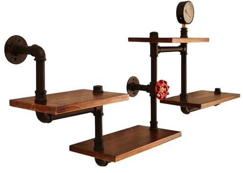 AIOJXHY Industrielles Wandregal 4 Holzböden Vintage Rohrgestell, Regalbrett Wandregal Schwarz Wasserrohr-Design, Regal Badezimmer, Hängeregal Dekoration für Wohnzimmer, Schlafzimmer und Küche