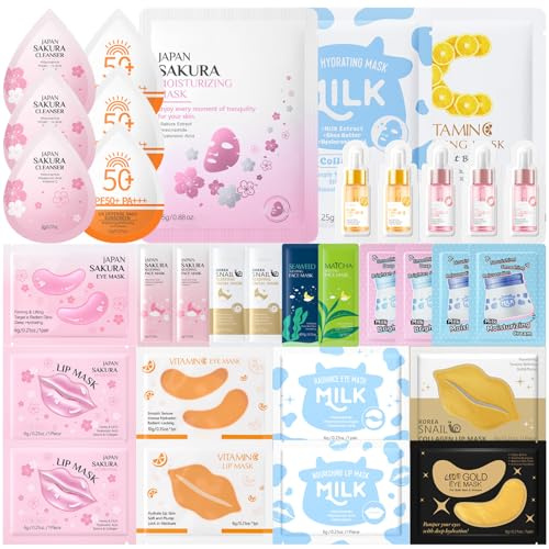 34PCS Face Mask Skincare Set, Pamper Gifts for Women, Self Care Kit with Face Masks, Lip Mask, Eye Mask, Serum and Cream, Hydrating Skincare Set for Relaxing Spa Nights