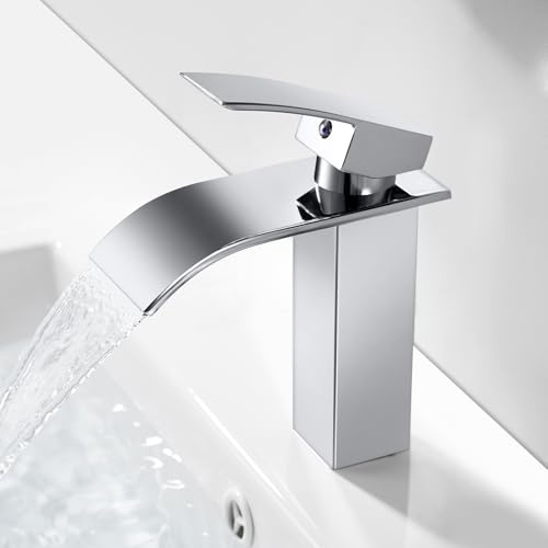 Basin Taps Mixers Waterfall Bathroom Sink Mixer Tap Mono Chrome Cloakroom Faucet with G1/2'' Hoses, Modern Monobloc Washroom Faucet