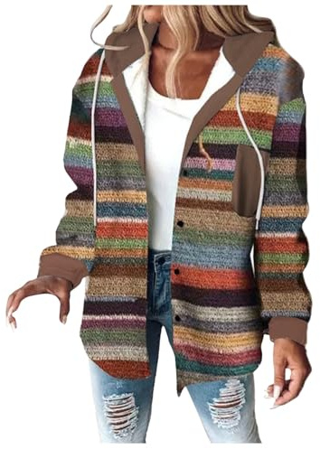Damen Winterjacke Karierte Kapuzenjacke mit Knöpfen Herbst Winter Cardigan Warm Fleecejacke Wintermantel Flanellhemden mit Kapuze Lässige Langarm Flanelljacke Lang Elegant Übergangsjacke Freizeitjacke