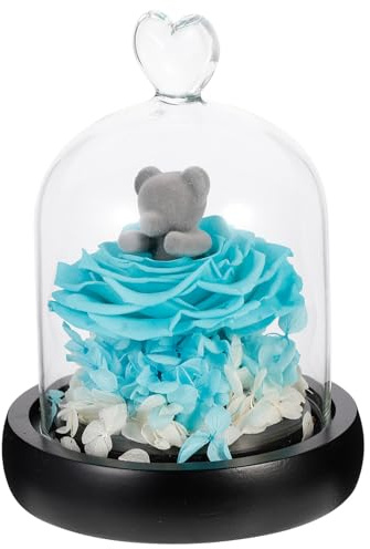 PAMINGONO Élégante Rose Éternelle Bleue Ours en Fleurs Préservées sous Cloche en Verre Décoration Intérieure Romantique pour Saint-Valentin Présent Floral Solide et Ornement Décoratif