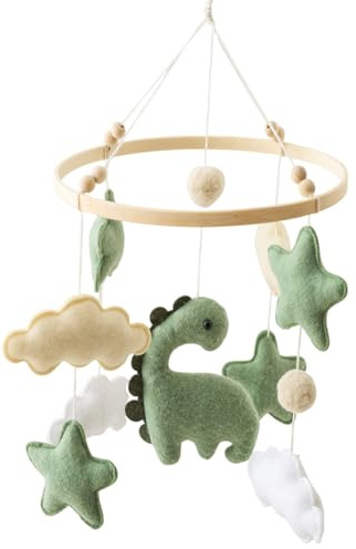 Babymobil för spjälsäng baby spjälsäng mobil dinosaurie barnkammare med mjuka filtmoln och naturligt trä för nyfödda spädbarn sensorisk utveckling grön