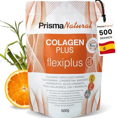 Colágeno Hidrolizado Marino – 500 g Colagen Plus Flexiplus - Peptan con Glucosamina, Condroitina, Magnesio, Vitamina C y K2 – Complemento Alimenticio – Apoyo Articular y Huesos - Prisma Natural