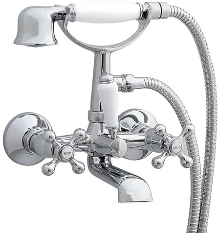 Chrome Traditional Cross Handle Bath Filler Mixer Taps Shower WALL Mounted