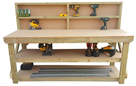 Wooden MDF Workbench With Back and Double Shelf - Work Table Handmade Strong Heavy Duty - Made From Construction Grade Timber (6ft)