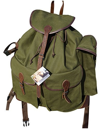 Waffenpflegewelt Lautloser Gebirgsrucksack Qualitätsleinen jagdgrün und Wasserbüffelleder, 40 Liter Volumen, imprägniert und gepolstert Made in Germany