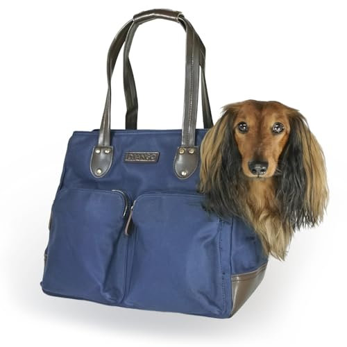 Django Hund Tragetasche – gewachstem Canvas und Leder weichen Pet Travel Tote mit bag-to-harness Sicherheit Tether und sicher Reißverschluss Taschen, marineblau