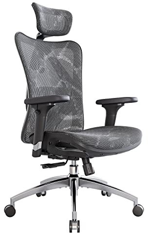 SIHOO Ergonomischer Bürostuhl, Chefsessel mit 3D verstellbare Armlehne und Lendenwirbelstütze, Hautfreundliche Netz-Hochlehne, Schreibtischstuhl bis 150kg/330LB Belastbar (Grau)