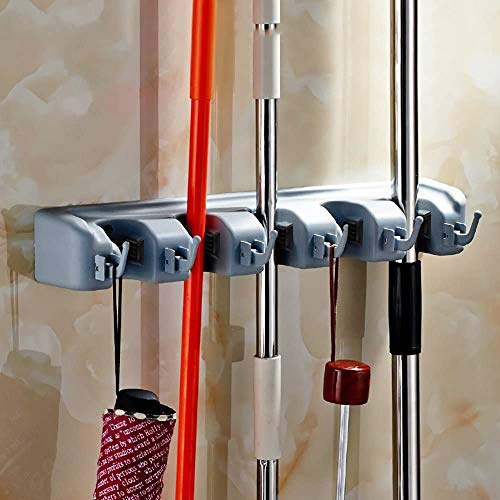 LSP Besen Mop Halter + Werkzeug Aufhänger | 5 Positionen und 6 Haken | Wandmontage Rack | Schrank ordentliche Aufbewahrung Organizer für Rechen, Staubwedel, Kehrmaschine