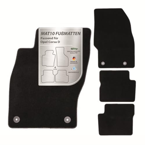 MAT10 – Auto-Fußmatten passend für Opel Corsa D (BJ 10/2006-12/2014) aus Velours | 4-teiliges Automatten Set | langlebige Erstausrüsterqualität, Made in Germany, Schwarz | aus Velours | 4-teiliges Automatten Set | langlebige Erstausrüsterqualität, Made in Germany
