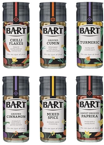 BART Essential Spices Bundle - Including Chilli Flakes, Turmeric, Ground Cumin & Cinnamon, Sweet Smoked Paprika & Mixed Spice (Bulk Buy Pack of 6)