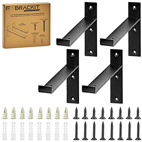 Brackit 4 Heavy Duty Right Angle Shelf Brackets with Screws and Wall Anchors, 9” x 5” (225mm x 115mm), Rustic Black Metal Shelf Brackets for Wall Shelving & Floating Shelves, with Fixing Set