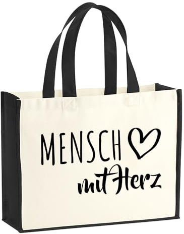 Huuraa Jutetasche Mensch mit Herz Geschenk 21 Liter Black Jute und Baumwolle Einkaufstasche Mensch Geschenkidee