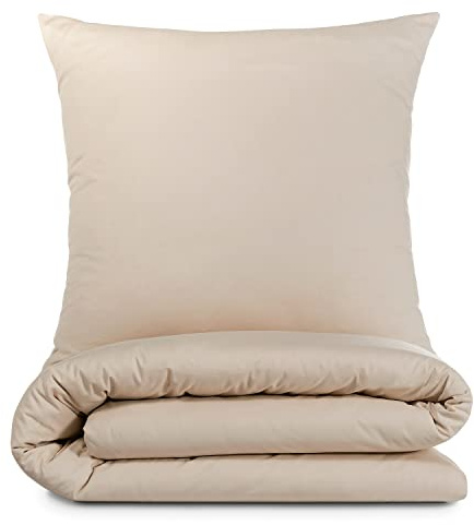 Alreya Renforcé Bettwäsche 135 x 200 cm mit 1 Kissenbezug 80 x 80 cm - 100% Baumwolle mit Reißverschluss, Superweiches Bettbezug, Beige