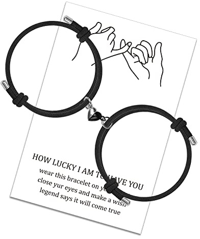LUOKIFUR Herz Magnetisches Paar Passendes Armband Yin Yang Verstellbares Kordelarmband für Valentinstagsgeschenke für Freundin, Freund, beste Freunde (Black-Black（Heart）)