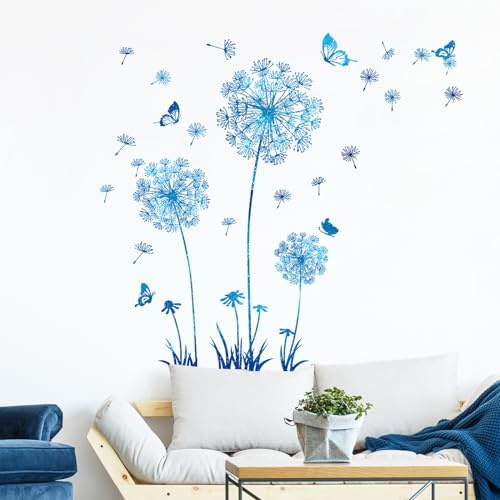 Tanlaby Löwenzahn Wandsticker Blauer Blumen Wandtattoo Pusteblume Schmetterlinge Wandaufkleber für Wohnzimmer Schlafzimmer Büros Sofa Hintergrund Hause Wanddekoration | Vinyl-Wandaufkleber zum Abziehen und Aufkleben, für Schlafzimmer, Wohnzimmer, Sofa, Hintergrund, TV-Wanddekoration