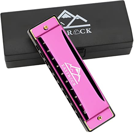 EastRock Harmonica - 10 Hole, 20 Tunes, Key of C, Mouth Organ for Beginners - Mini Blues Harmonica with Case and Cleaning Cloth (Pink)