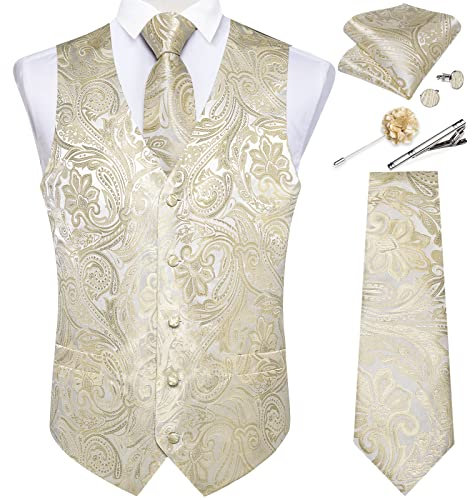 DiBanGu Herren-Krawatten-Set mit Anstecknadel, Krawattenklammer, Seide, V-Ausschnitt, Anzugweste und Krawatte für Smoking, Hochzeit, 7-teilig, Champagner-Paisley, X-Large