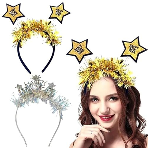 Capgoost 2 Stück Silvester Haarreif, 2026 Happy New Year Kopfschmuck, Silvester Stirnband, Stirnband mit Glitzernd Sternen, Neujahr Weihnachten Kopfschmuck für Party Zubehör Neujahr Fotorequisite