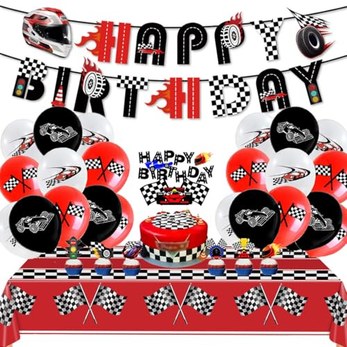 Rennwagen Geburtstag,Doyomtoy 21 Stück Rennauto Geburtstag Junge Dekoration Renn-Auto Luftballon Set Cupcake Topper Tischdecke Dekoration Rennwagen für Geburtstag Party