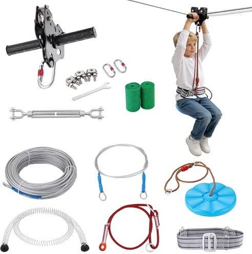 VEVOR Zip line Kits for Backyard，160ft Zip line Kit for Kids and Adult Up to 330 lb, Included Swing Seat, Ziplines Brake, and Steel Trolley, Outdoor Playground Equipment