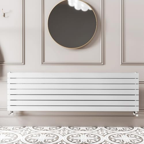 Go Bathrooms Pinta 476 x 1200mm Horizontal Radiator White Flat Panel Double Column Wall Mounted Designer White Radiator Central Heating Includes Brackets