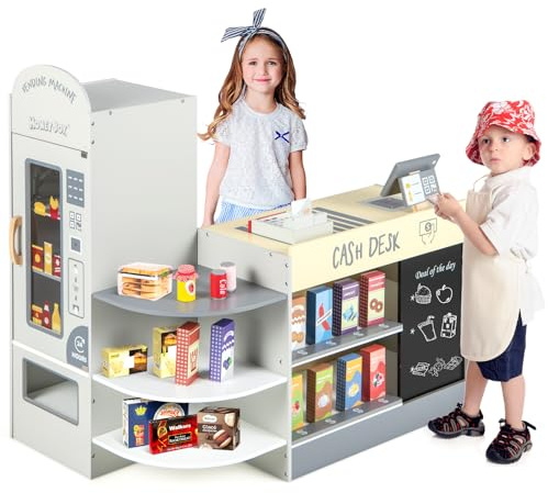 GOPLUS Tienda de Comestibles para Niños, Juego de Supermercado de Madera con Pizarra, Caja Registradora, Máquina Expendedora, Accesorios, para Niños de 3 Años en Adelante (Gris)