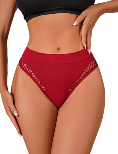 FULLJOYLOVE Mesh Thongs for Women Sheer Back Knickers Cheeky Tanga Thong Bikini Low-rise French Knickers Panties Red