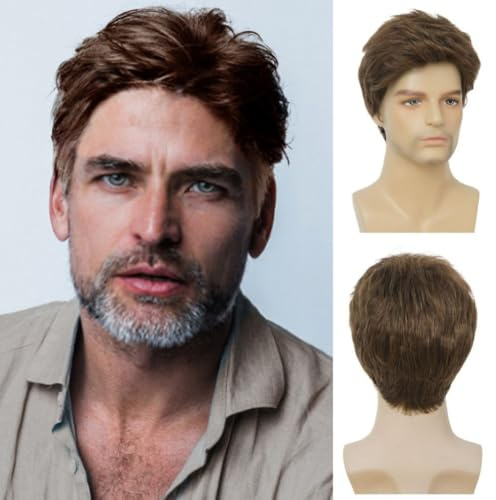 Siudus Herren Braun Kurze Perücke Gerade Seitenteil Schichtes Naturhaar Perücken Synthetische Faser Guy Männliche Perücke für den täglichen Gebrauch