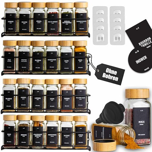 Deco haus® Gewürzregal Wand ohne Bohren [MIT 24 GEWÜRZGLÄSER & ETIKETTEN] - Gewürzregal Hängend 4er Set - Gewürzhalter Wand - Gewürzregale Schranktür zum Kleben - Spice Rack Organizer